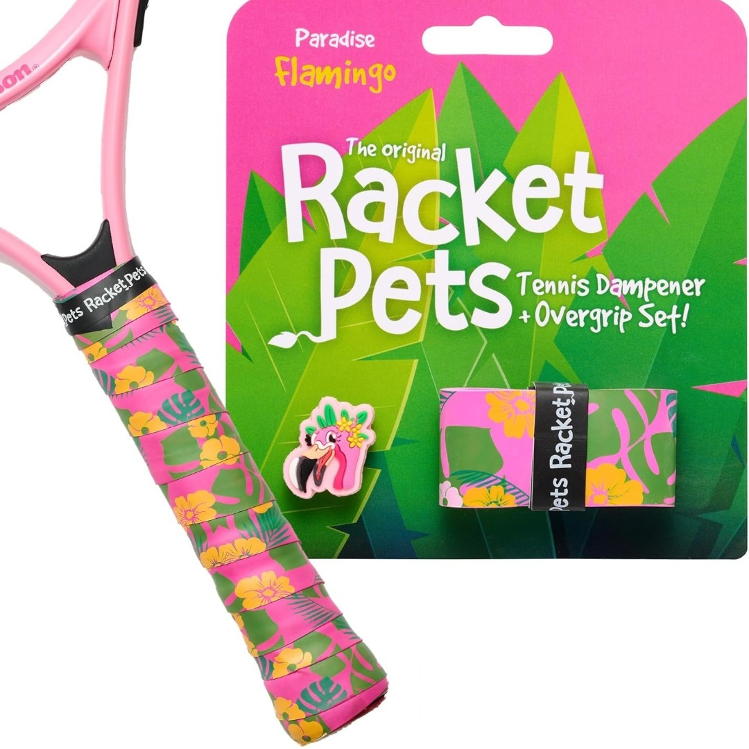Flamingo Tennis Overgrip Tape and Matching Shock Absorbing Dampener for Tennis Racket
