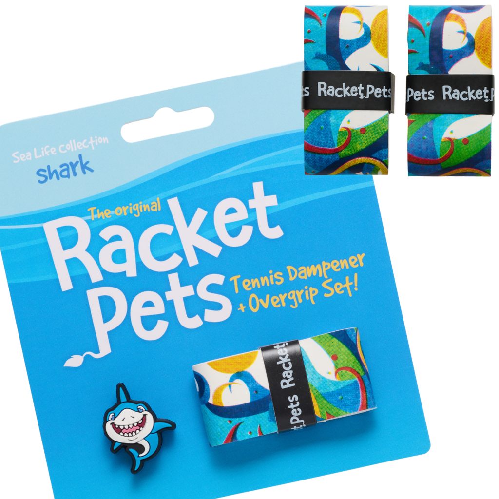 VALUE PACK - A Blue Shark Racket Pet Tennis Dampener and Blue Overgrip Tape with a (Pack of 2) Replacement Overgrip Tape