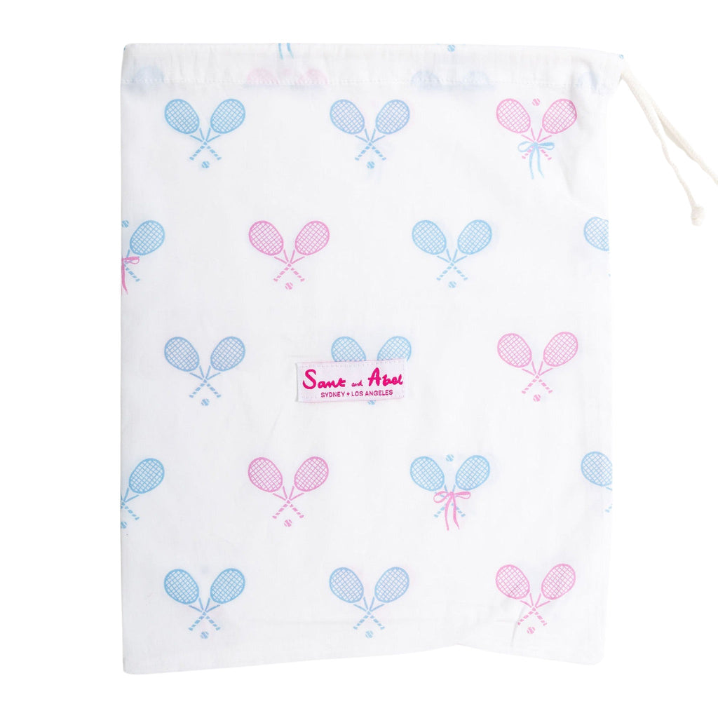 Women's Tennis Bows Long PJ Set - Blue Pink Organic Cotton Poplin
