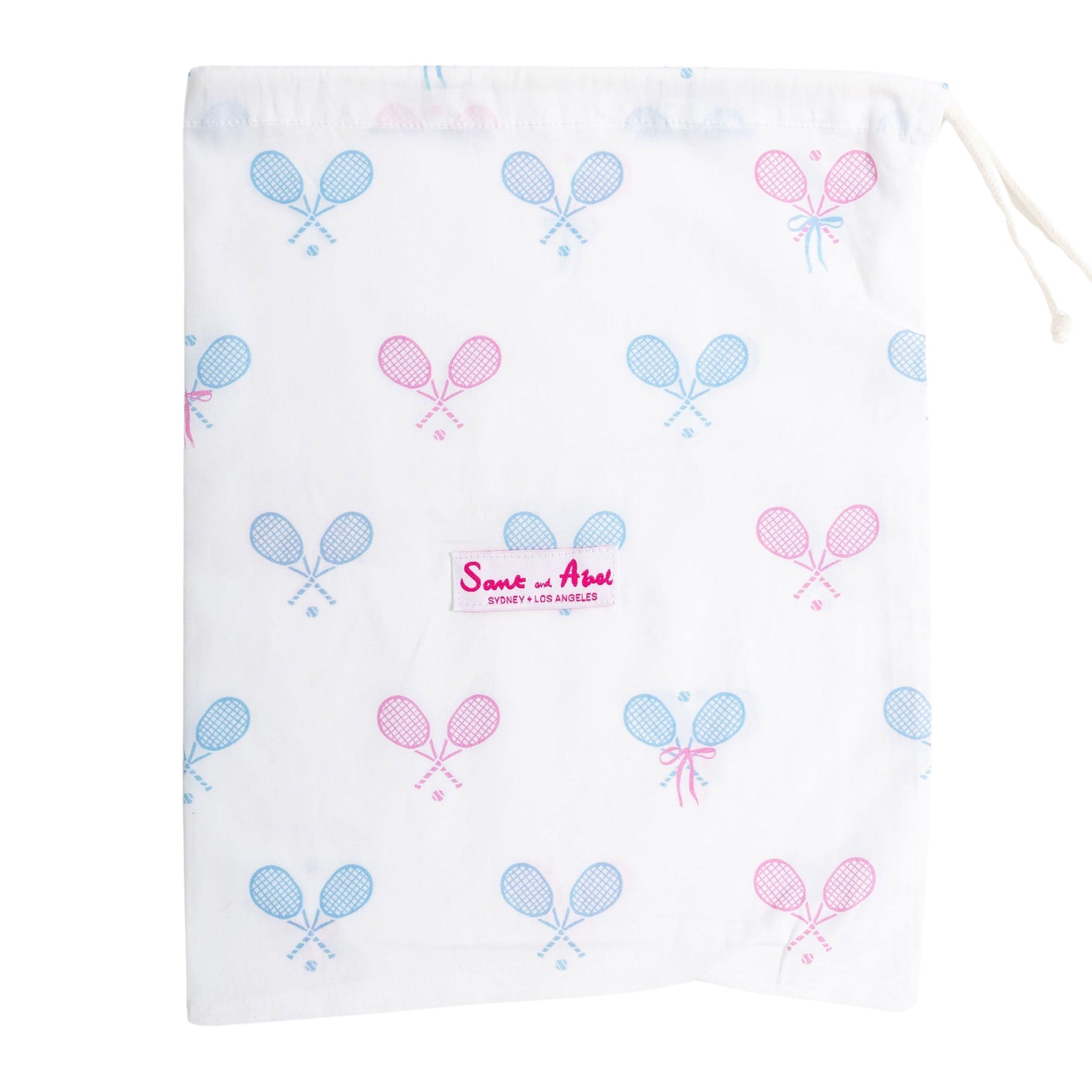 Women's Tennis Bows Long PJ Set - Blue Pink Organic Cotton Poplin