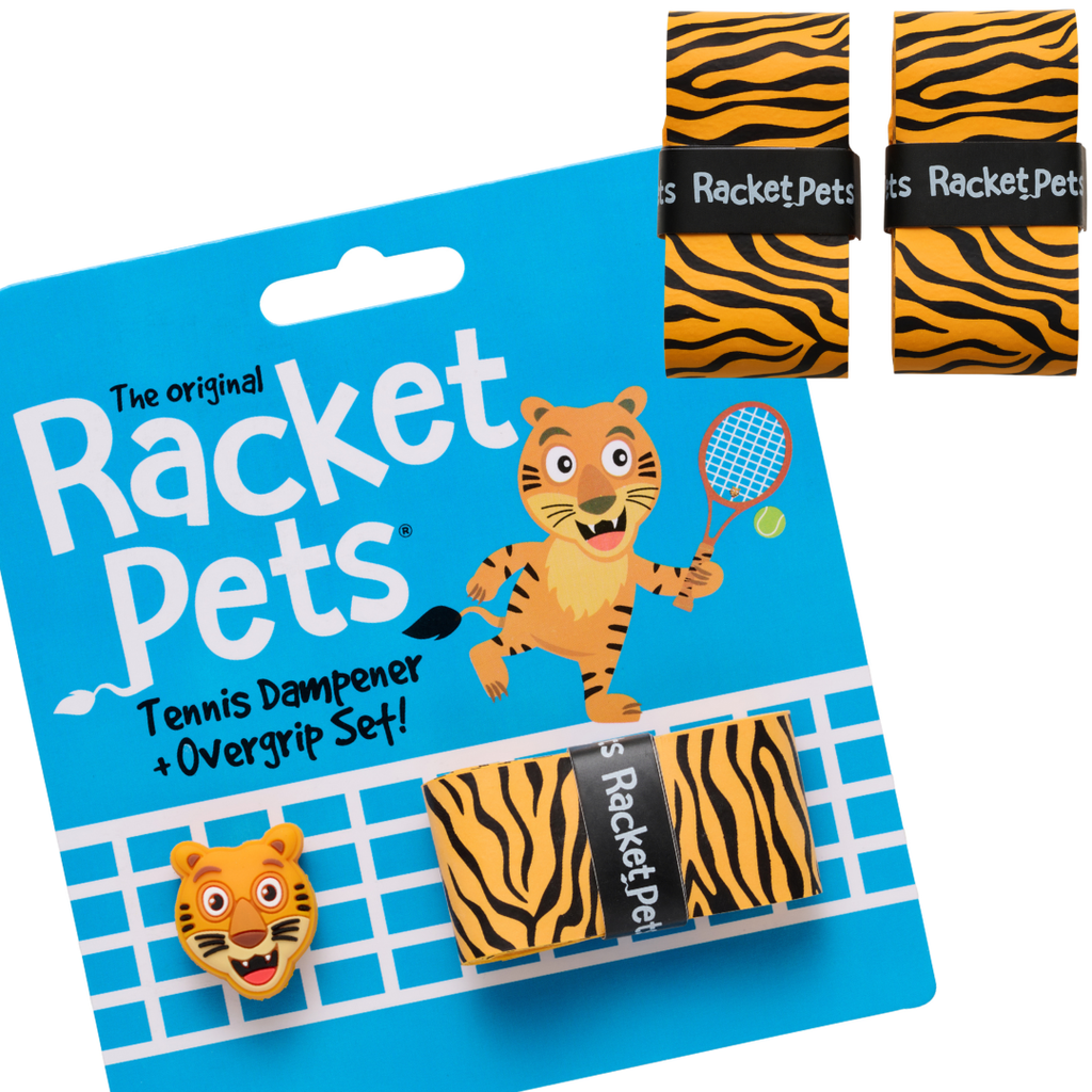 VALUE PACK - A Yellow Tiger Racket Pet Tennis Dampener and Overgrip Tape with a (Pack of 2) Replacement Overgrip Tape