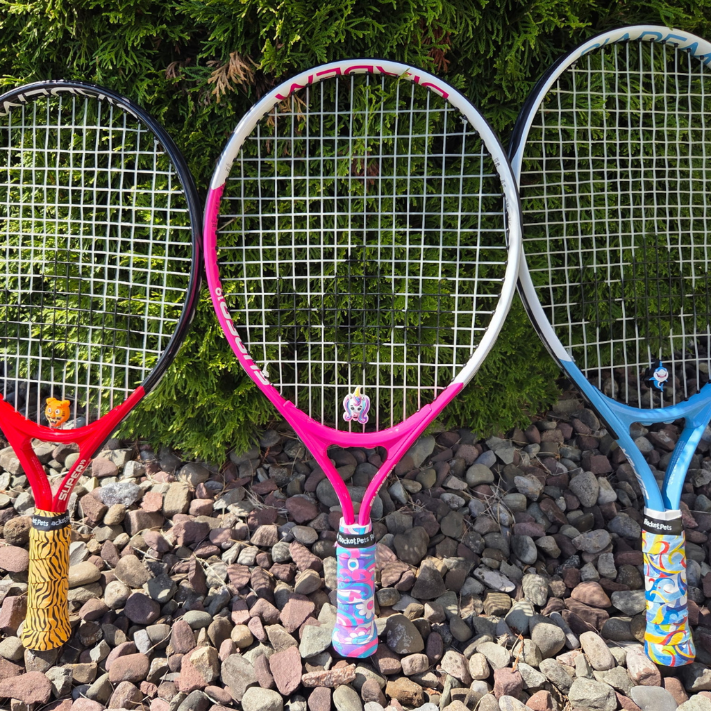 VALUE PACK - A Pink and Purple Unicorn Racket Pet Tennis Dampener and Overgrip Tape with a (Pack of 2) Replacement Overgrip Tape