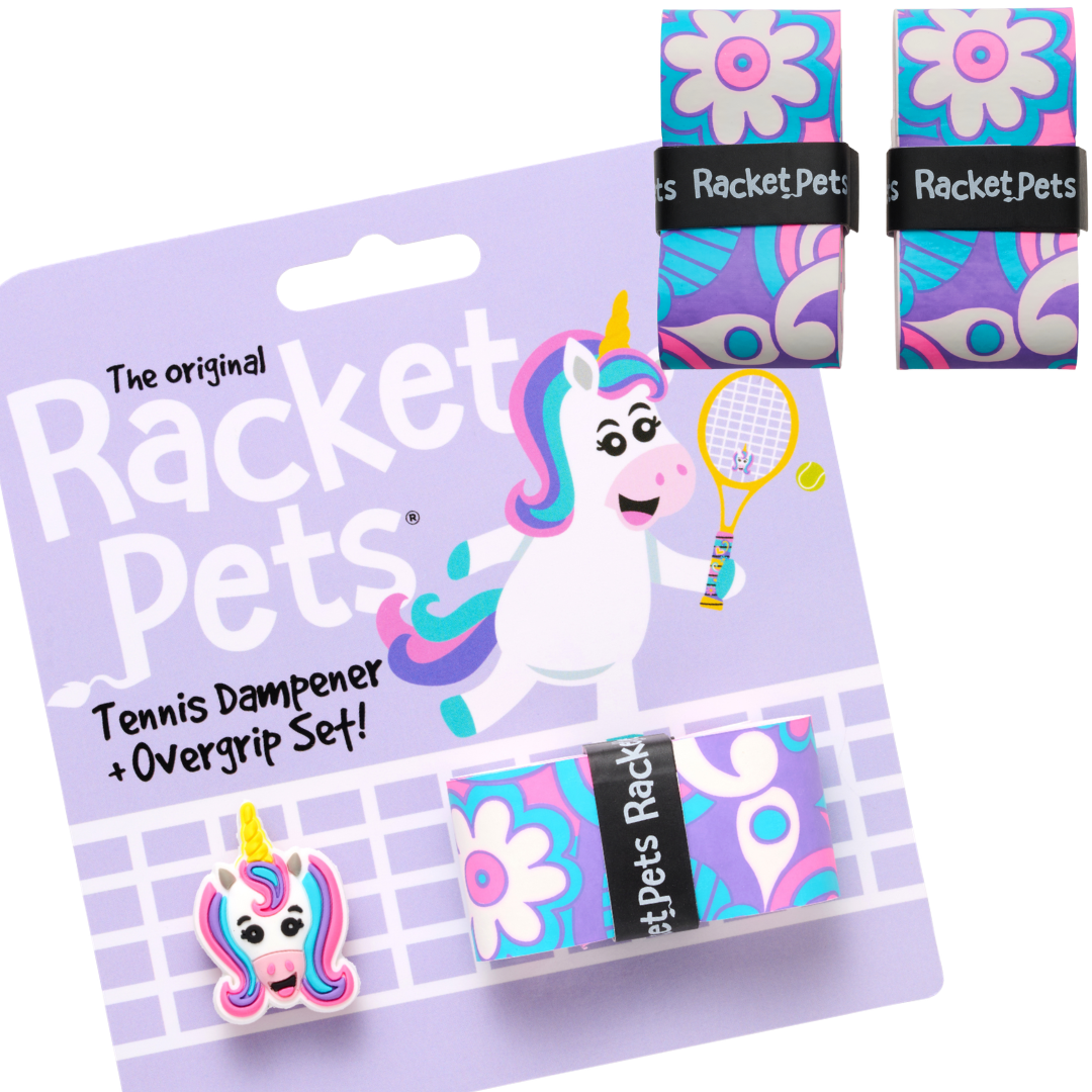 VALUE PACK - A Pink and Purple Unicorn Racket Pet Tennis Dampener and Overgrip Tape with a (Pack of 2) Replacement Overgrip Tape