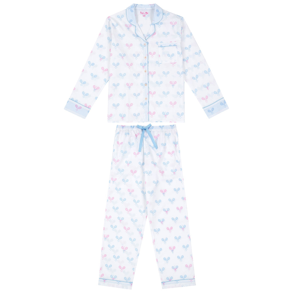 Women's Tennis Bows Long PJ Set - Blue Pink Organic Cotton Poplin