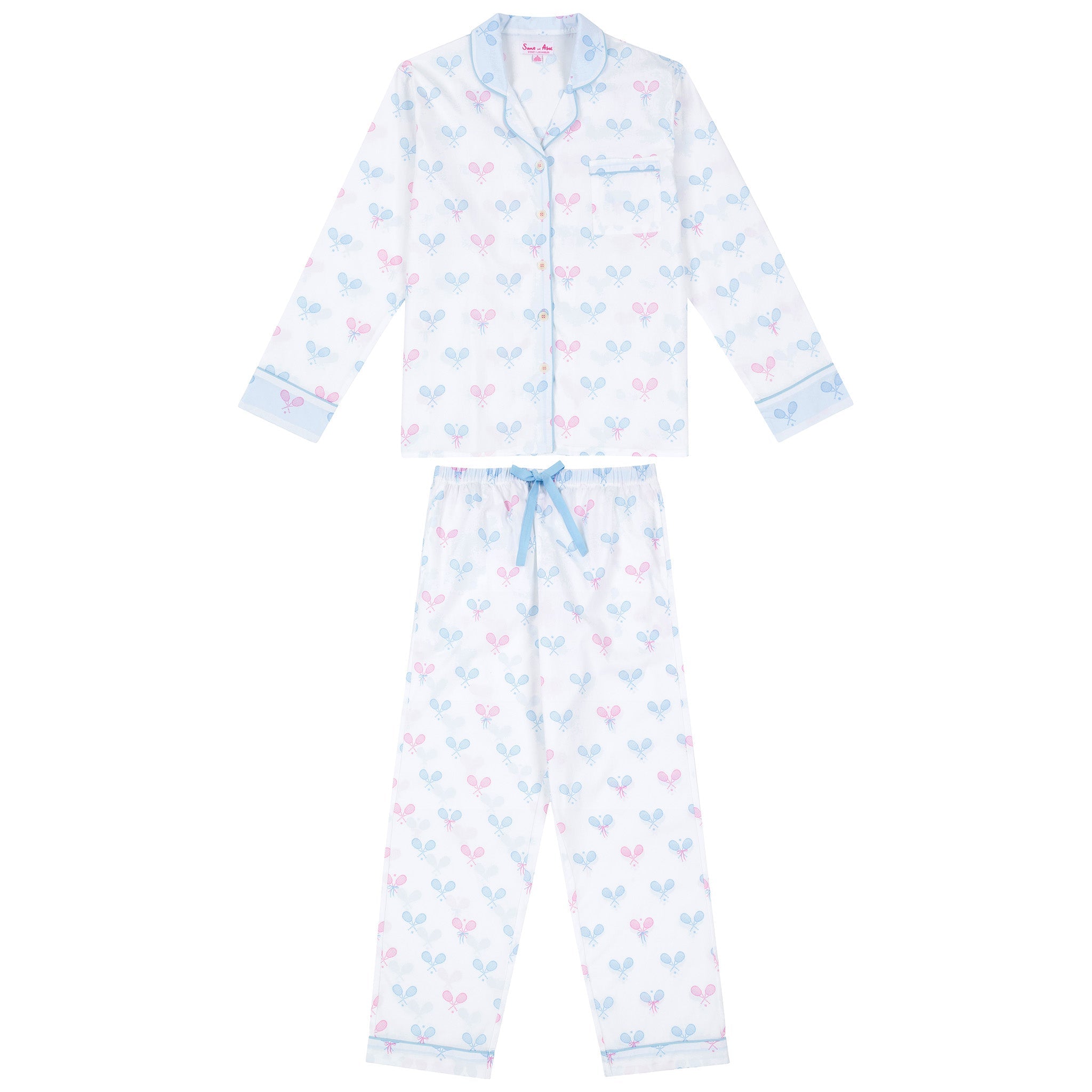 Women's Tennis Bows Long PJ Set - Blue Pink Organic Cotton Poplin