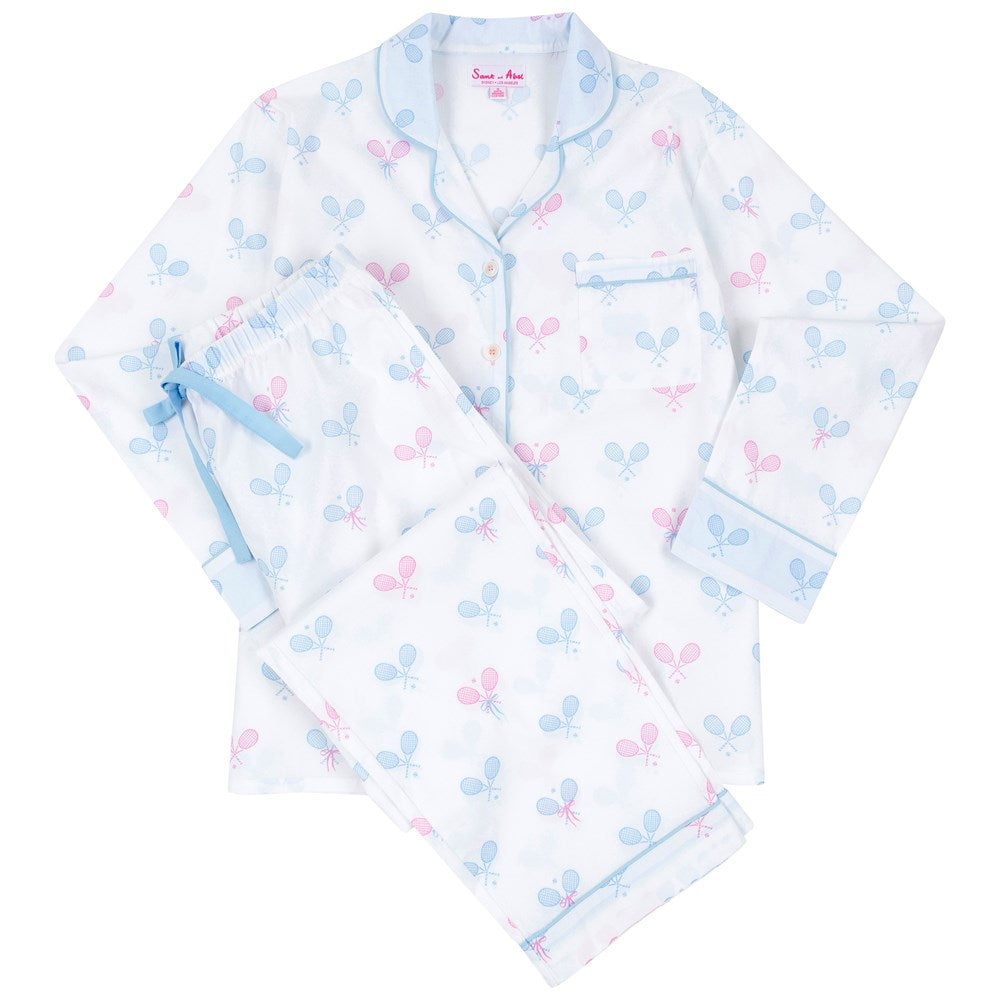 Women's Tennis Bows Long PJ Set - Blue Pink Organic Cotton Poplin