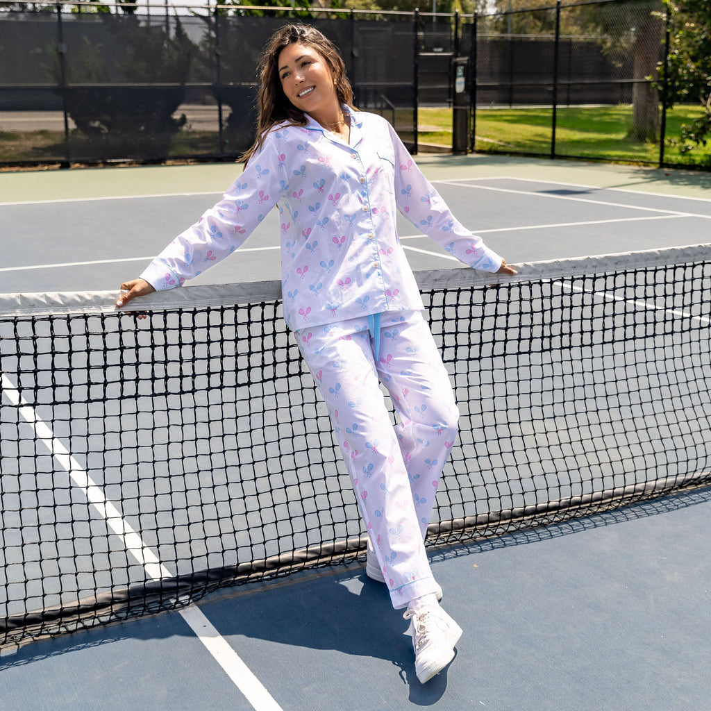 Women's Tennis Bows Long PJ Set - Blue Pink Organic Cotton Poplin