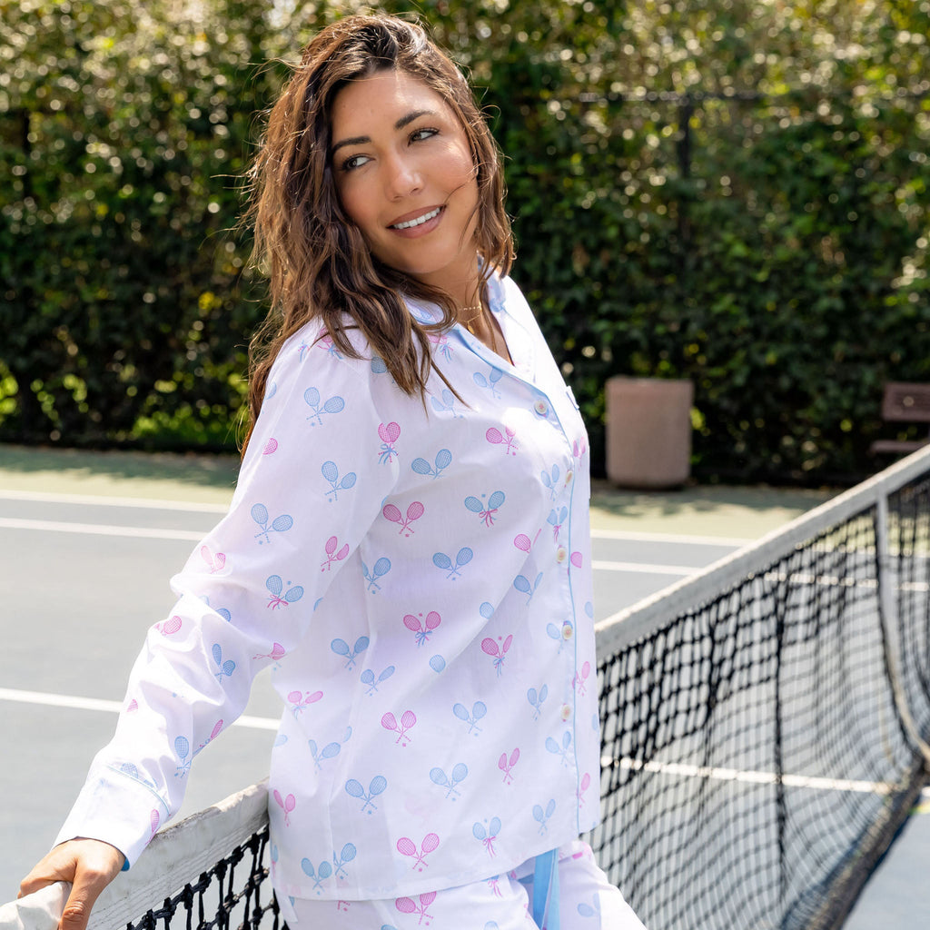 Women's Tennis Bows Long PJ Set - Blue Pink Organic Cotton Poplin