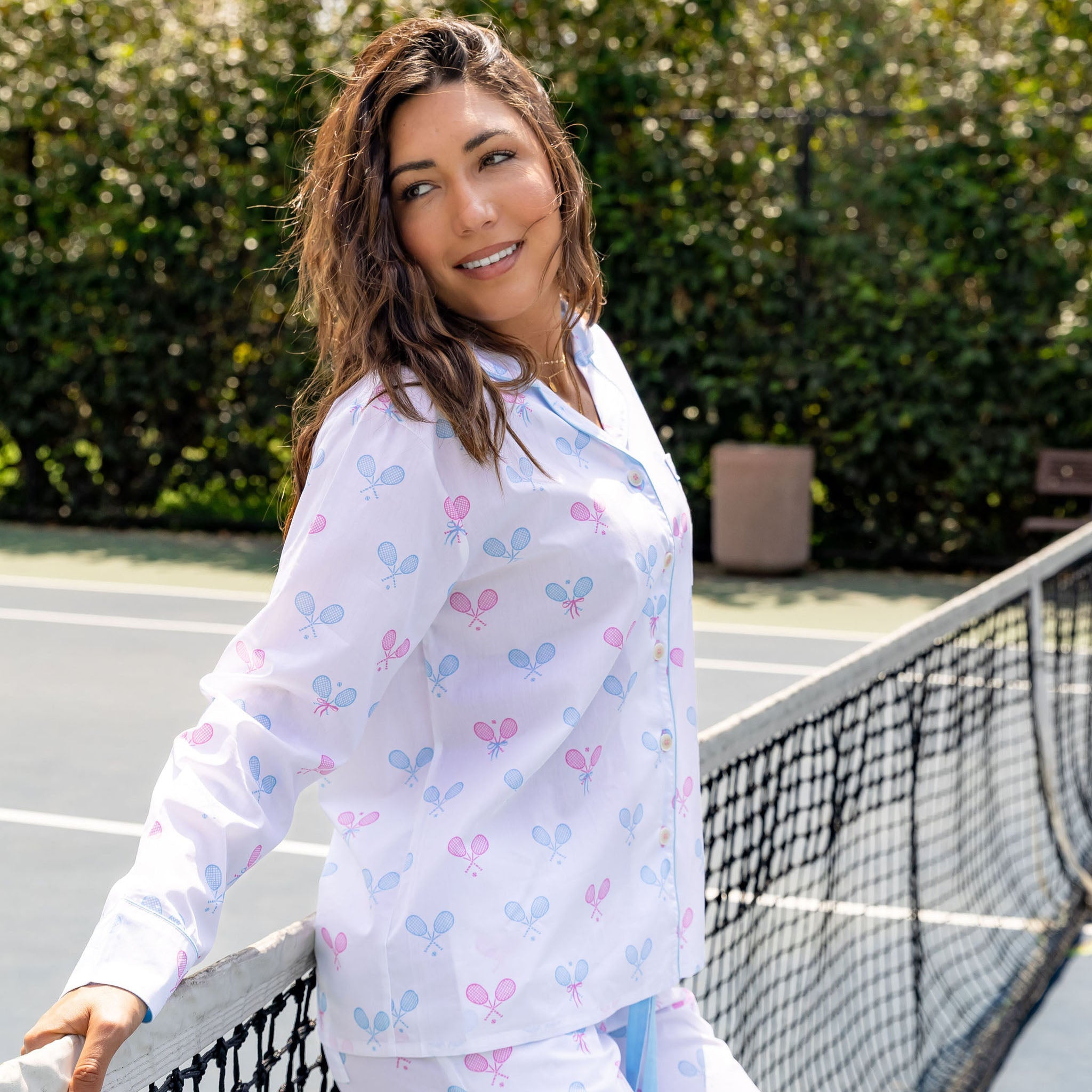 Women's Tennis Bows Long PJ Set - Blue Pink Organic Cotton Poplin