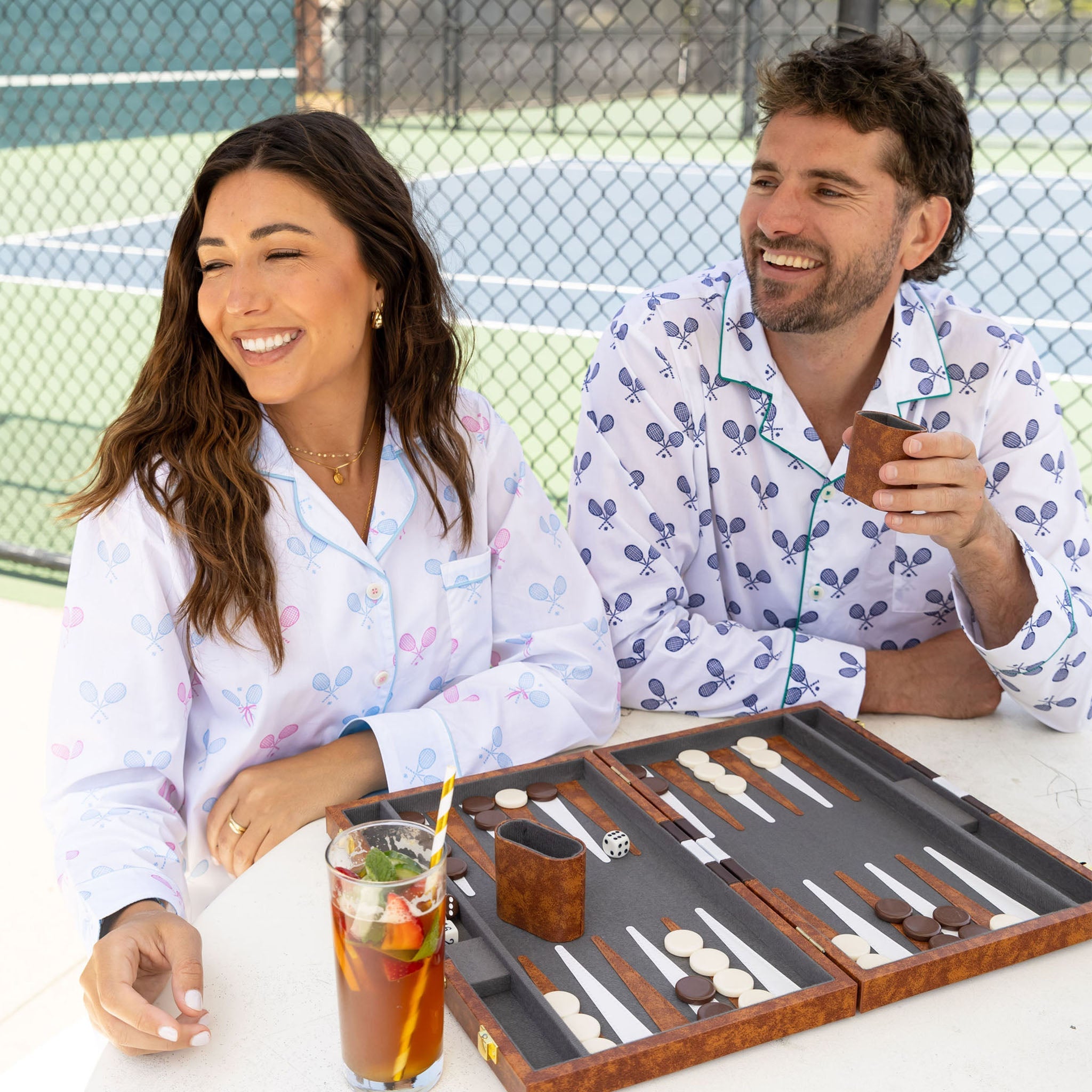 Women's Tennis Bows Long PJ Set - Blue Pink Organic Cotton Poplin