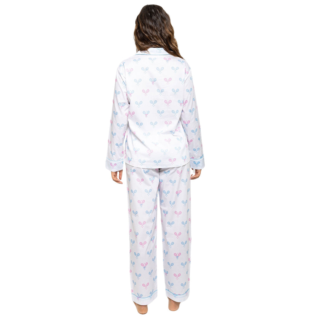 Women's Tennis Bows Long PJ Set - Blue Pink Organic Cotton Poplin