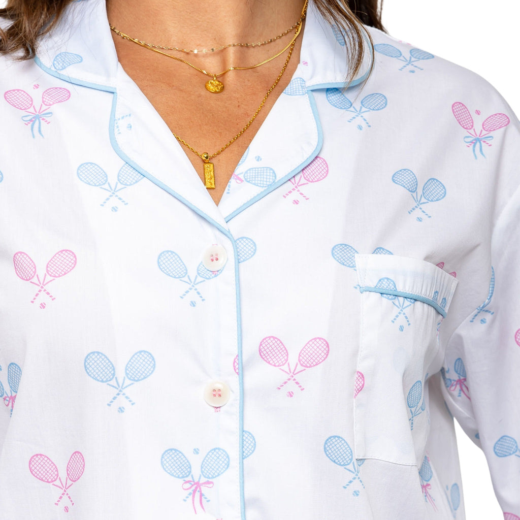 Women's Tennis Bows Long PJ Set - Blue Pink Organic Cotton Poplin