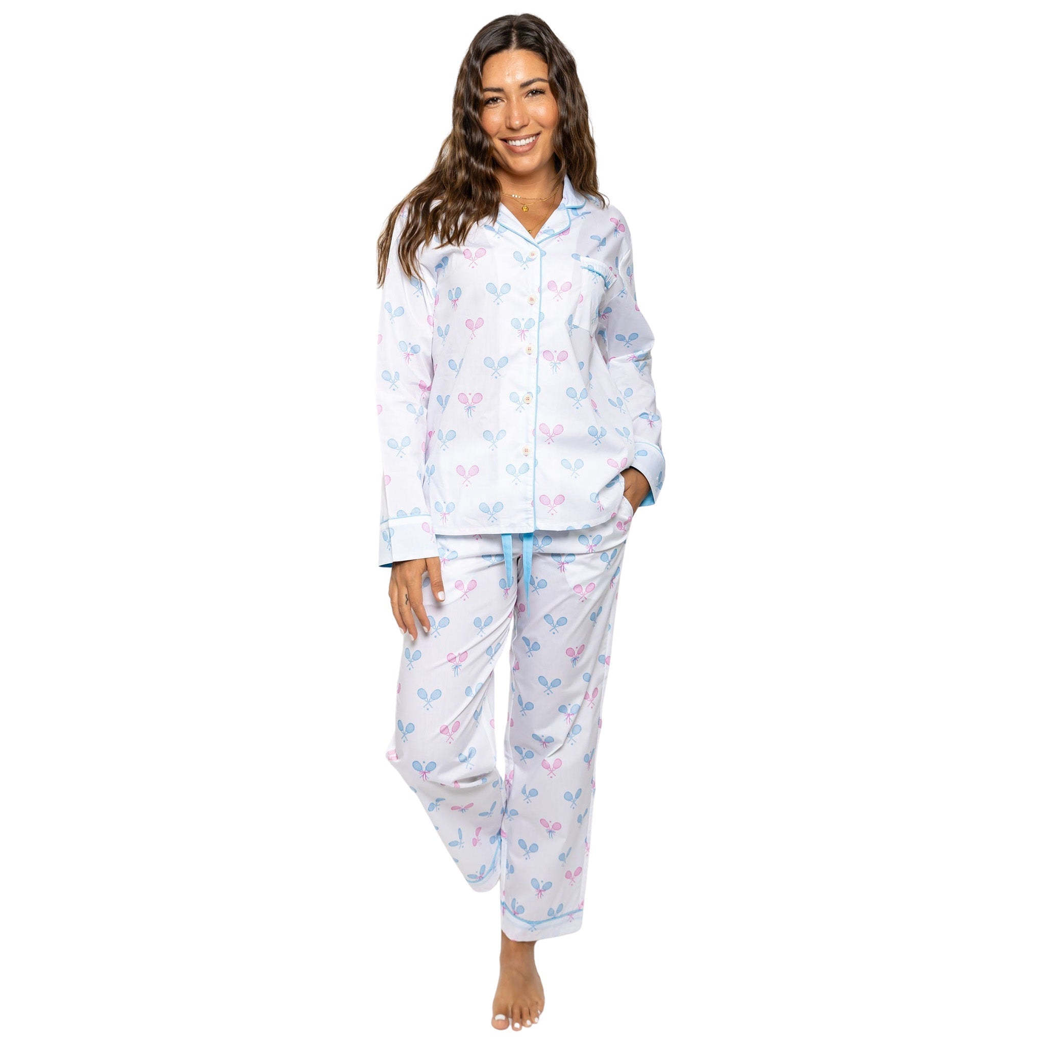 Women's Tennis Bows Long PJ Set - Blue Pink Organic Cotton Poplin