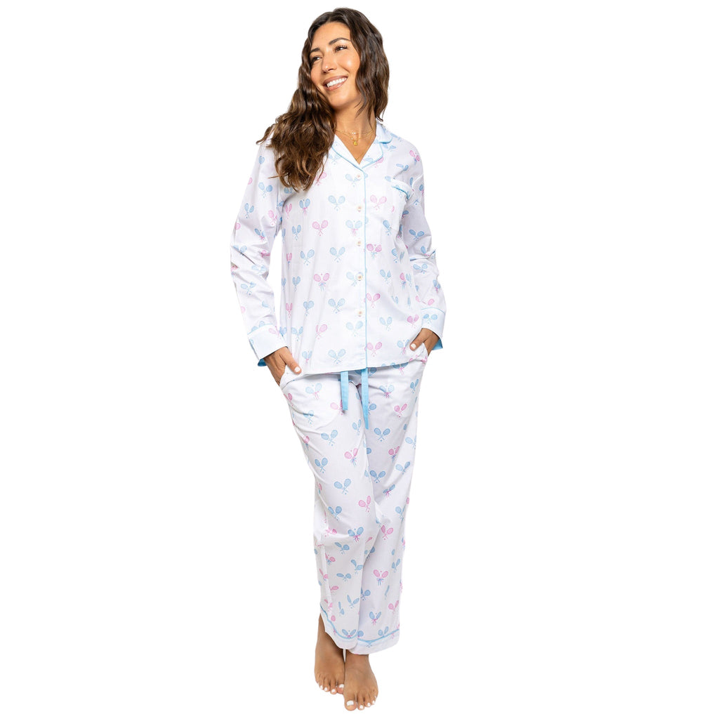 Women's Tennis Bows Long PJ Set - Blue Pink Organic Cotton Poplin