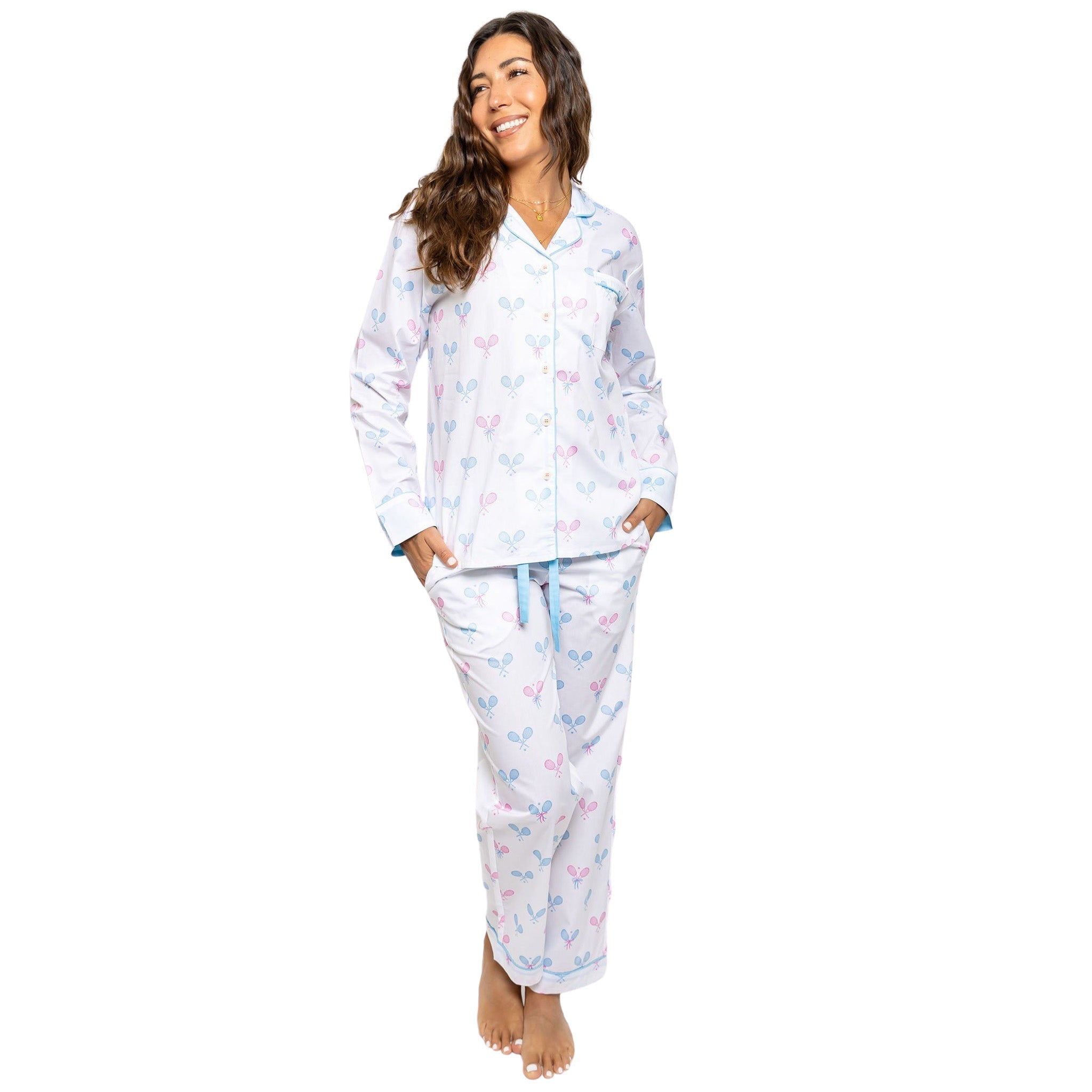 Women's Tennis Bows Long PJ Set - Blue Pink Organic Cotton Poplin