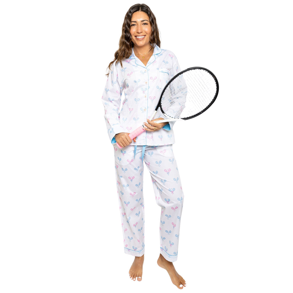 Women's Tennis Bows Long PJ Set - Blue Pink Organic Cotton Poplin