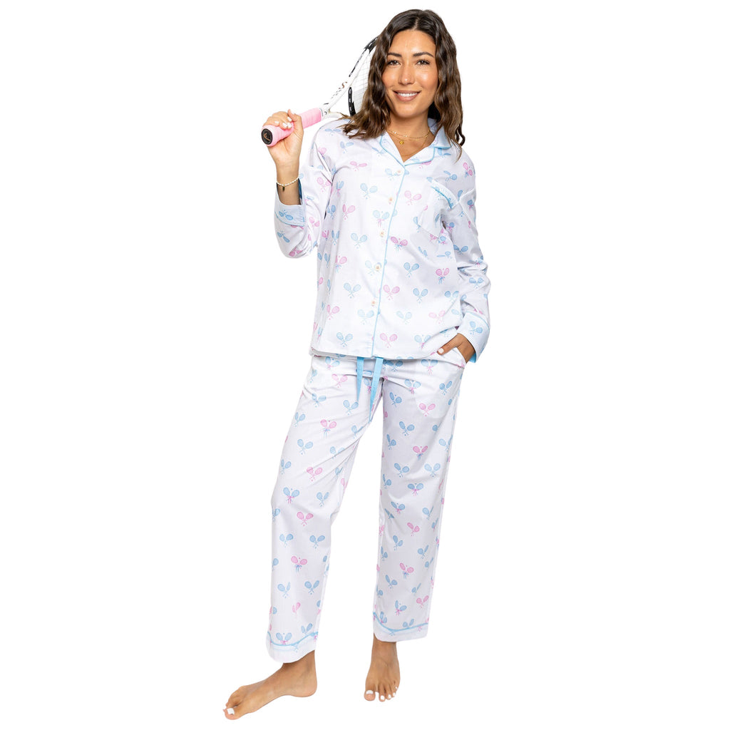 Women's Tennis Bows Long PJ Set - Blue Pink Organic Cotton Poplin