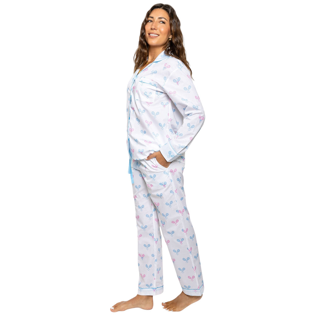 Women's Tennis Bows Long PJ Set - Blue Pink Organic Cotton Poplin