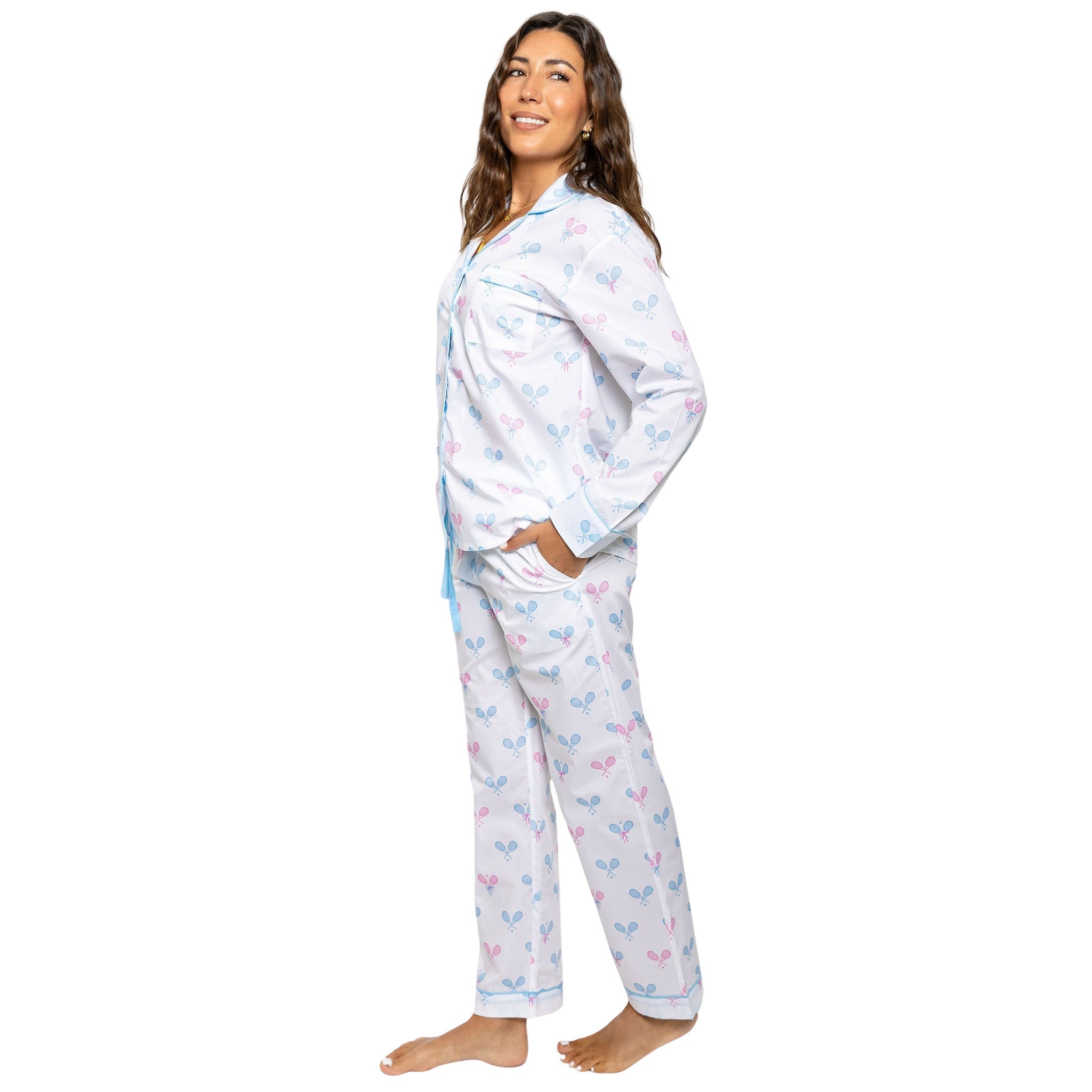 Women's Tennis Bows Long PJ Set - Blue Pink Organic Cotton Poplin