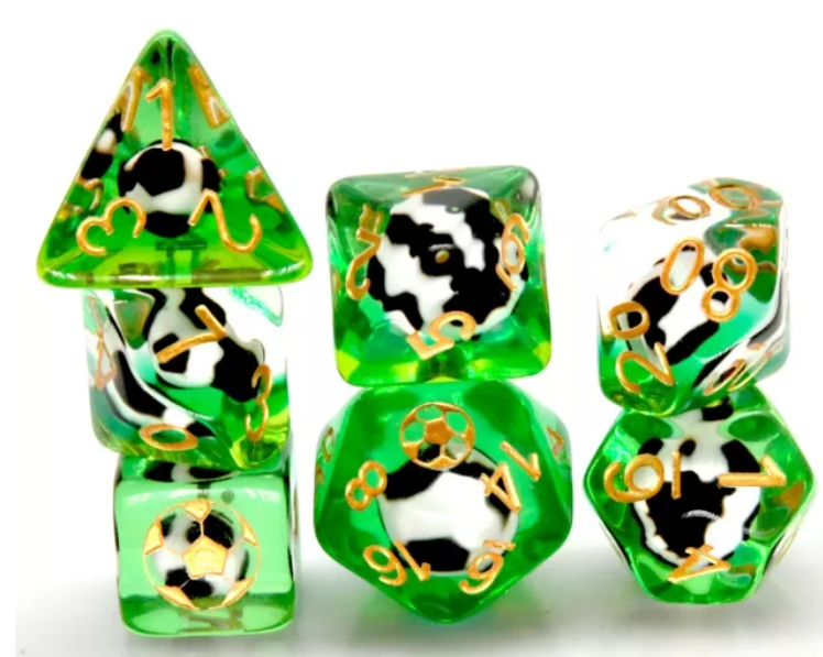 Football Themed 7-Dice Set Green w/ Soccer Ball Inside w/Gold Dnd Dice