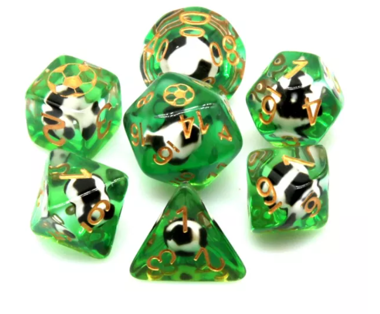 Football Themed 7-Dice Set Green w/ Soccer Ball Inside w/Gold Dnd Dice