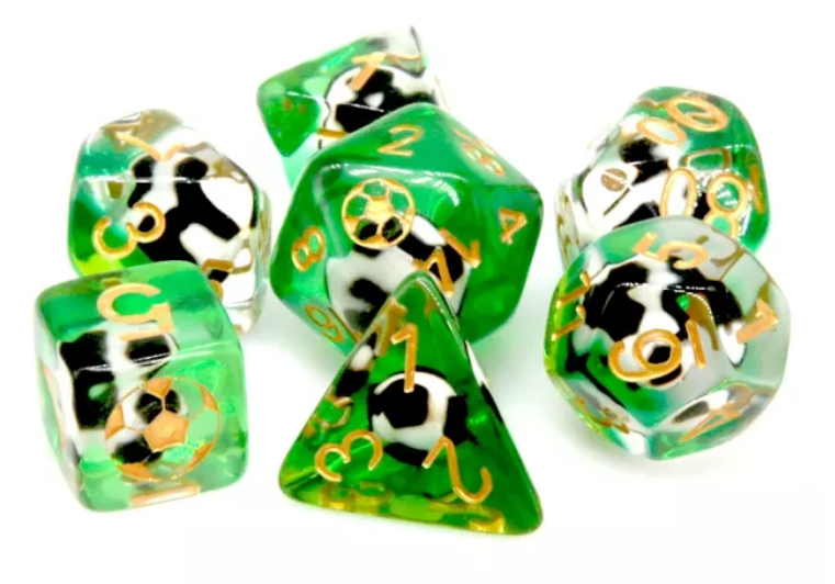Football Themed 7-Dice Set Green w/ Soccer Ball Inside w/Gold Dnd Dice