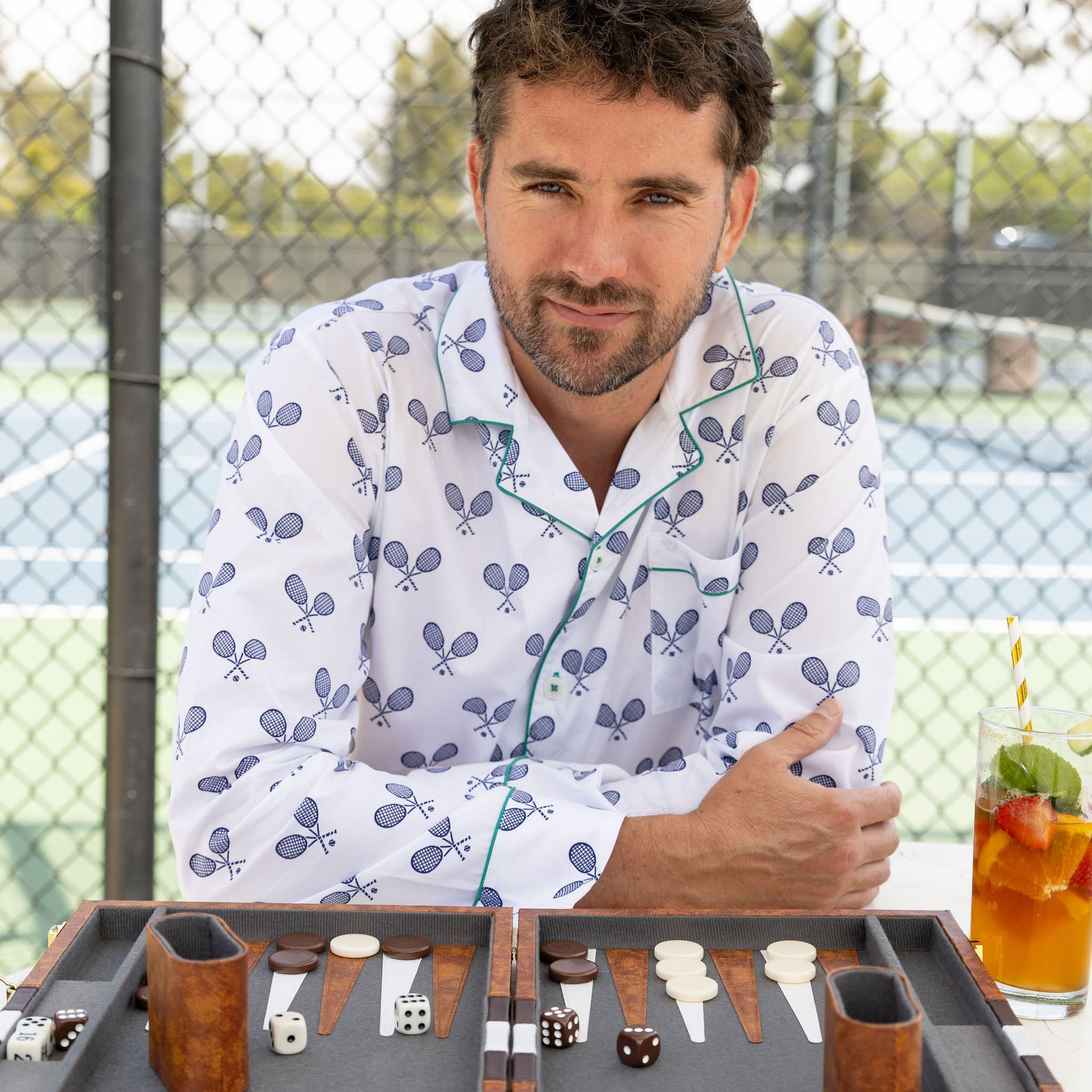 Men's Tennis Navy Long PJ Set - Organic Cotton Poplin